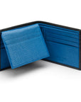 RFID leather wallet with 9 cc, black with cobalt, open