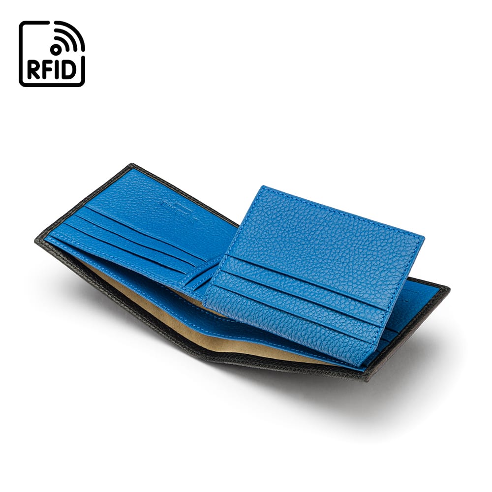 RFID leather wallet with 9 cc, black with cobalt, inside
