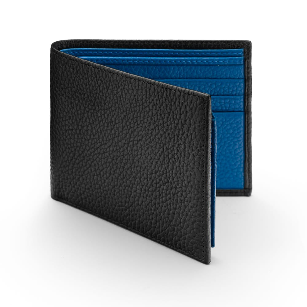 RFID leather wallet with 9 cc, black with cobalt, front