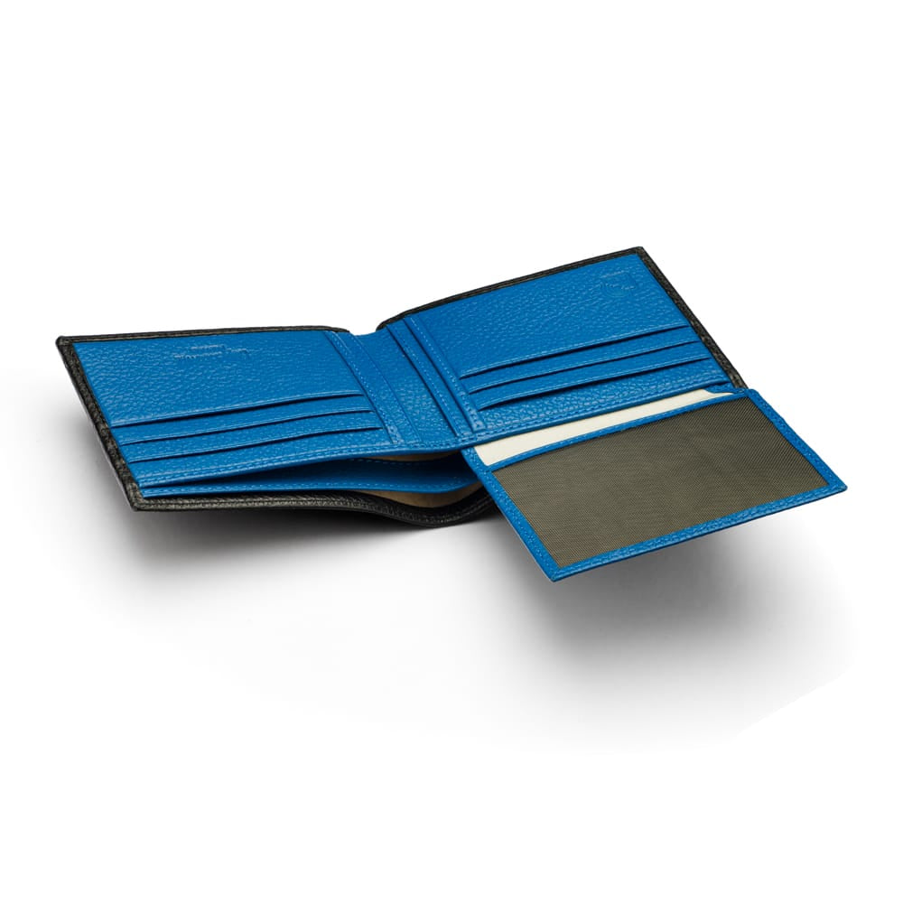 RFID leather wallet with 9 cc, black with cobalt, ID window