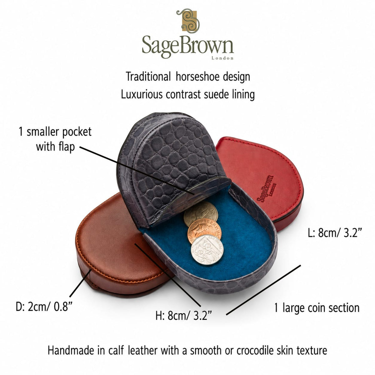 Traditional leather horseshoe coin purse, features and dimensions