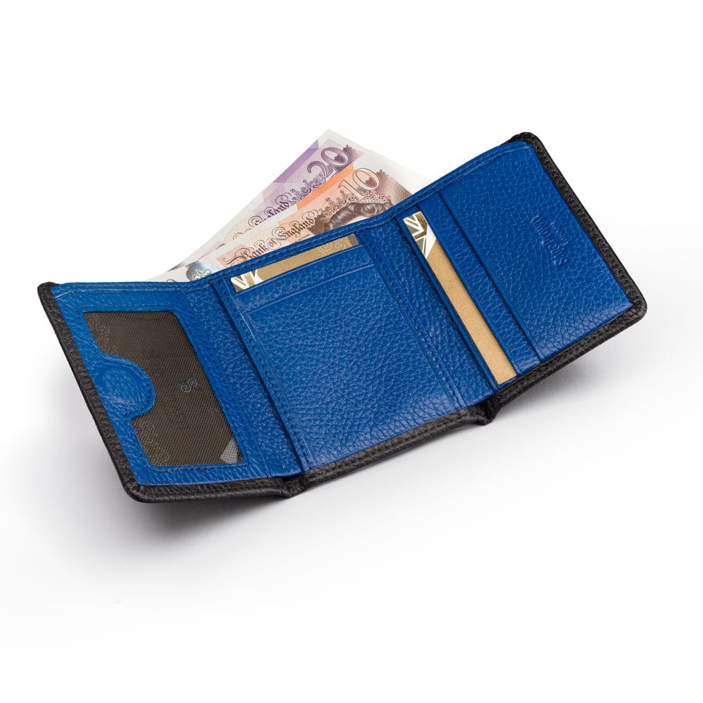 Trifold leather wallet with ID, black with cobalt, inside