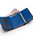 Trifold leather wallet with ID, black with cobalt, inside