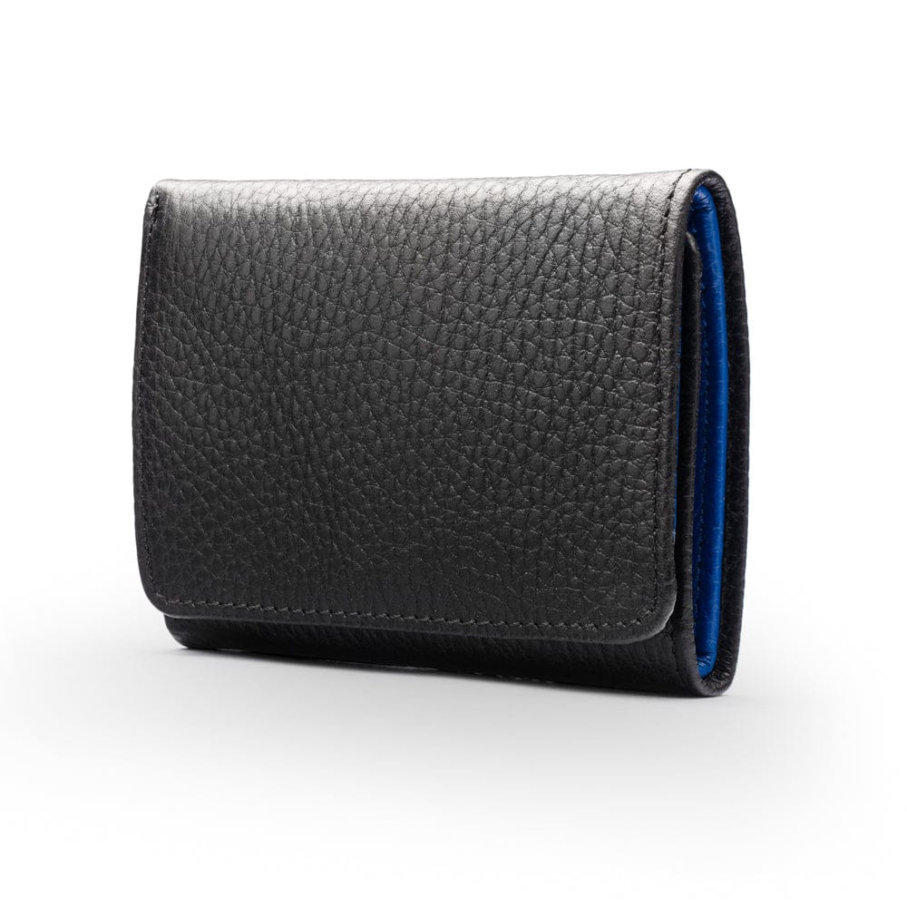 Trifold leather wallet with ID, black with cobalt, front