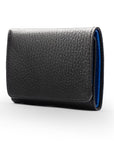 Trifold leather wallet with ID, black with cobalt, front