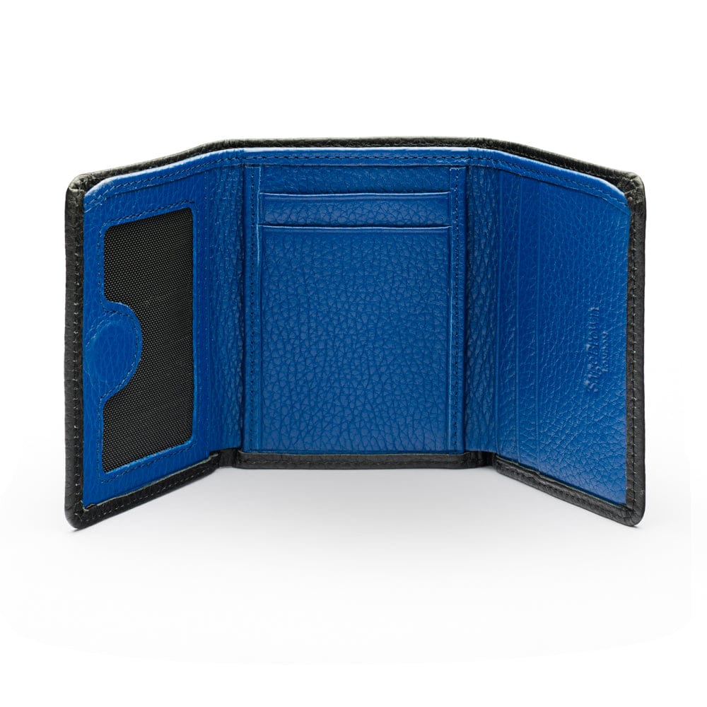 Trifold leather wallet with ID, black with cobalt, open