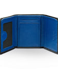 Trifold leather wallet with ID, black with cobalt, open