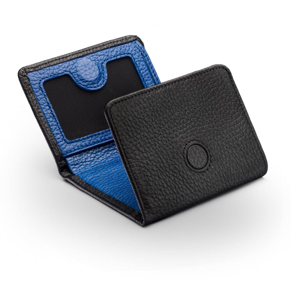 Trifold leather wallet with ID, black with cobalt