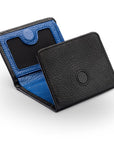 Trifold leather wallet with ID, black with cobalt