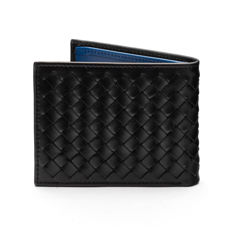 Woven leather billfold wallet with 6 credit card slots, black with cobalt, back