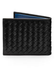 Woven leather billfold wallet with 6 credit card slots, black with cobalt, back