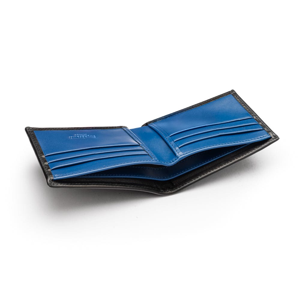 Woven leather billfold wallet with 6 credit card slots, black with cobalt, inside
