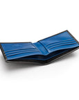 Woven leather billfold wallet with 6 credit card slots, black with cobalt, inside