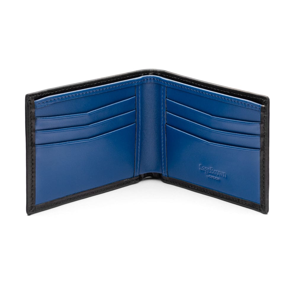 Woven leather billfold wallet with 6 credit card slots, black with cobalt, open