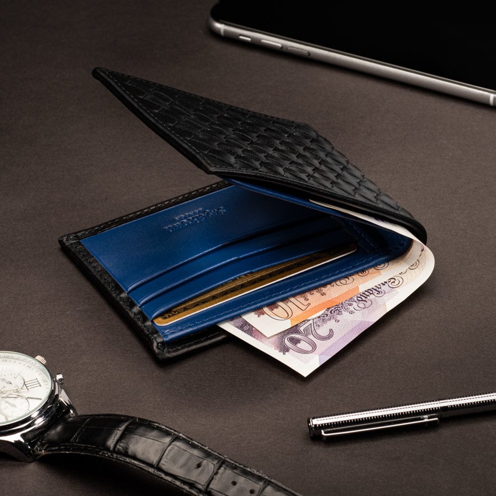 Woven leather billfold wallet with 6 credit card slots, black with cobalt, lifestyle