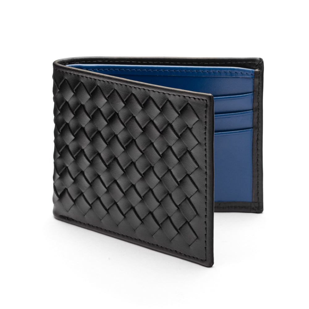 Woven leather billfold wallet with 6 credit card slots, black with cobalt, front