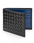 Woven leather billfold wallet with 6 credit card slots, black with cobalt, front