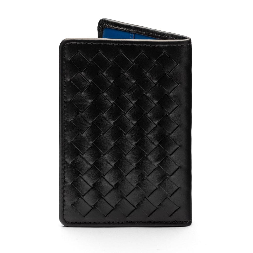 Woven leather credit card holder, black with cobalt, back