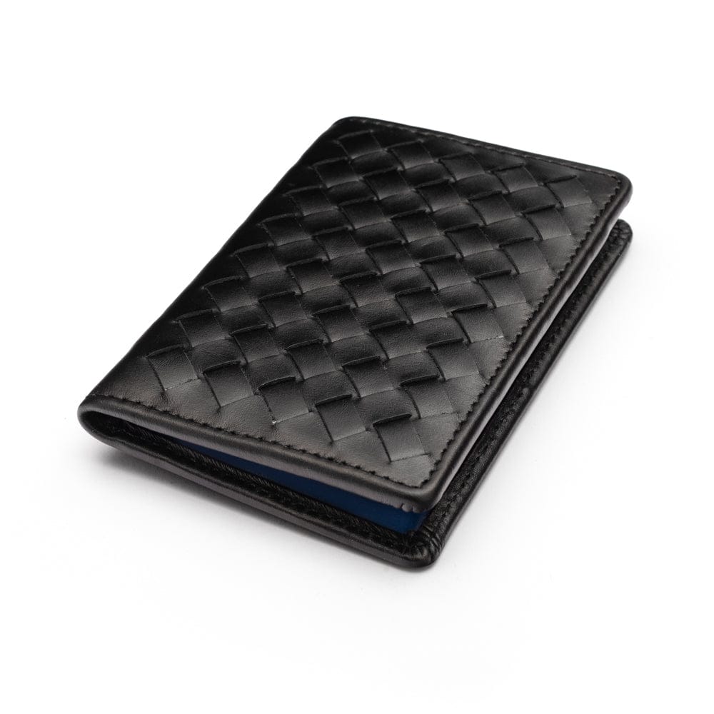 Woven leather credit card holder, black with cobalt, front