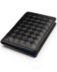 Woven leather credit card holder, black with cobalt, front