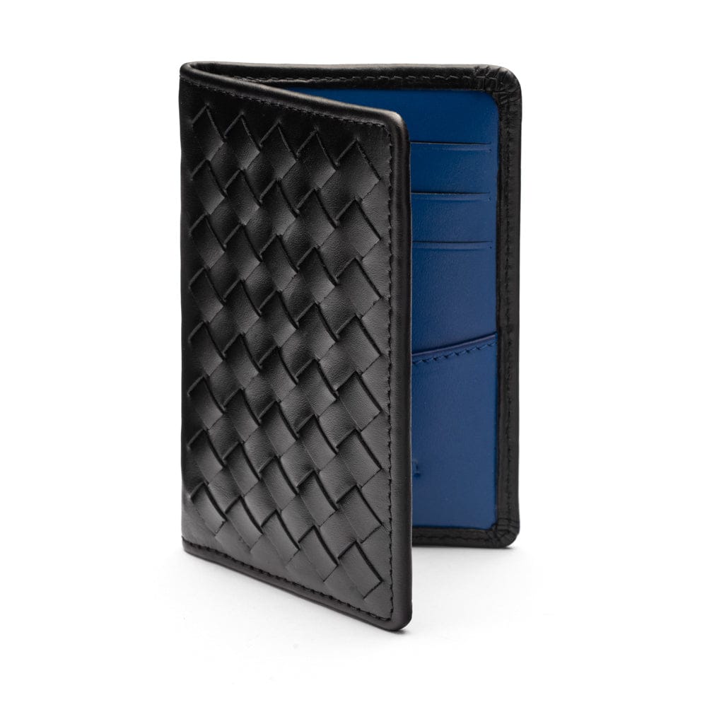 Woven leather credit card holder, black with cobalt, open