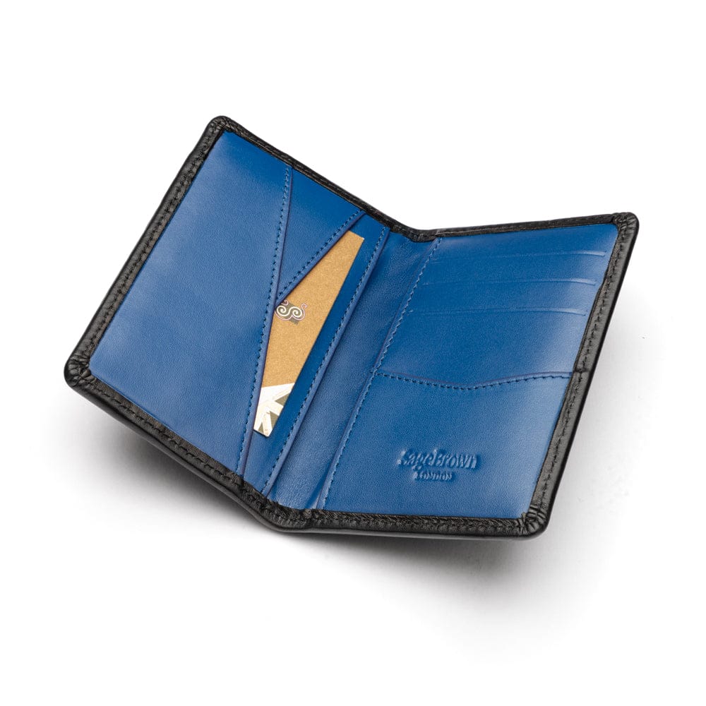 Woven leather credit card holder, black with cobalt, inside