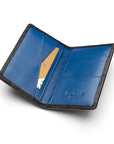 Woven leather credit card holder, black with cobalt, inside