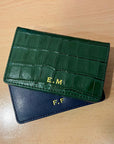 Leather business card holder with magnetic closure, embossing position
