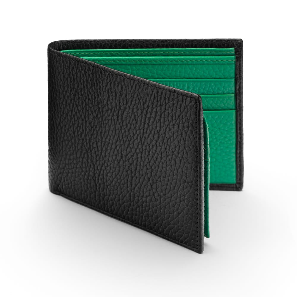 RFID leather wallet with 9 cc, black with emerald, front