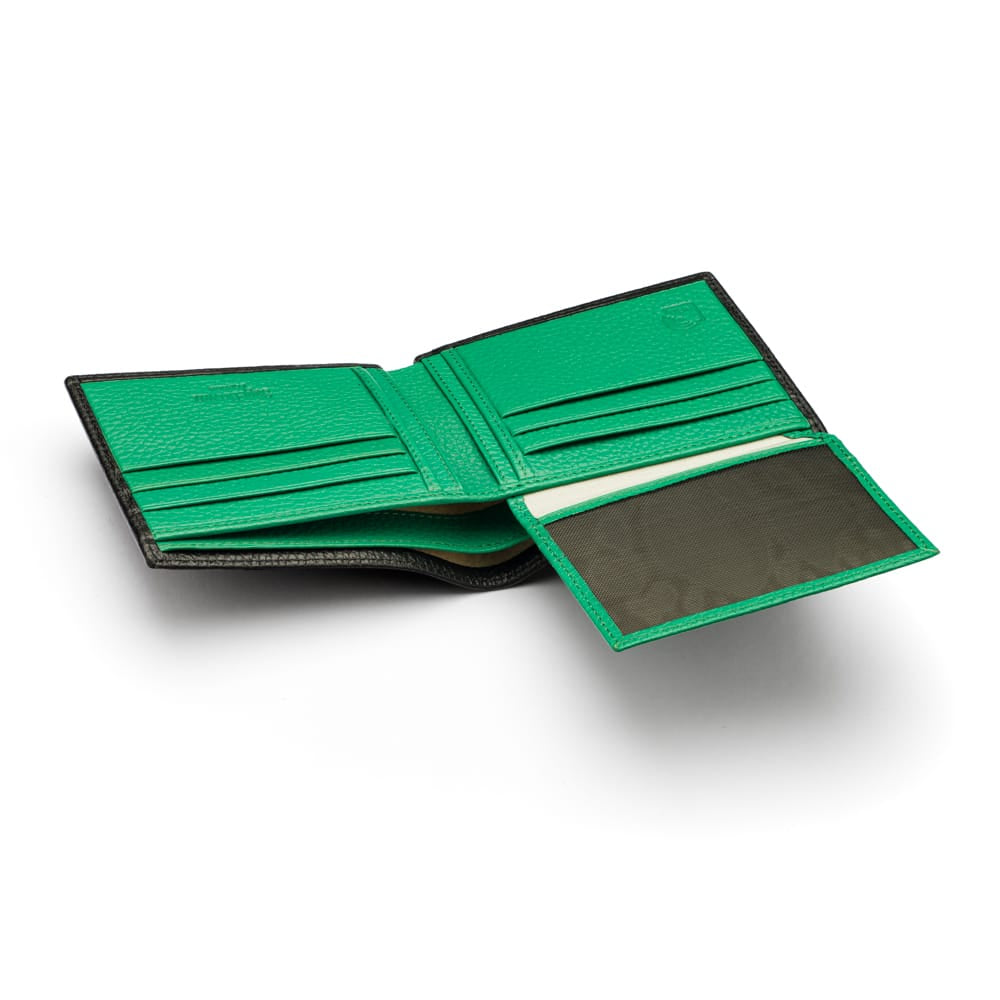 RFID leather wallet with 9 cc, black with emerald, ID window