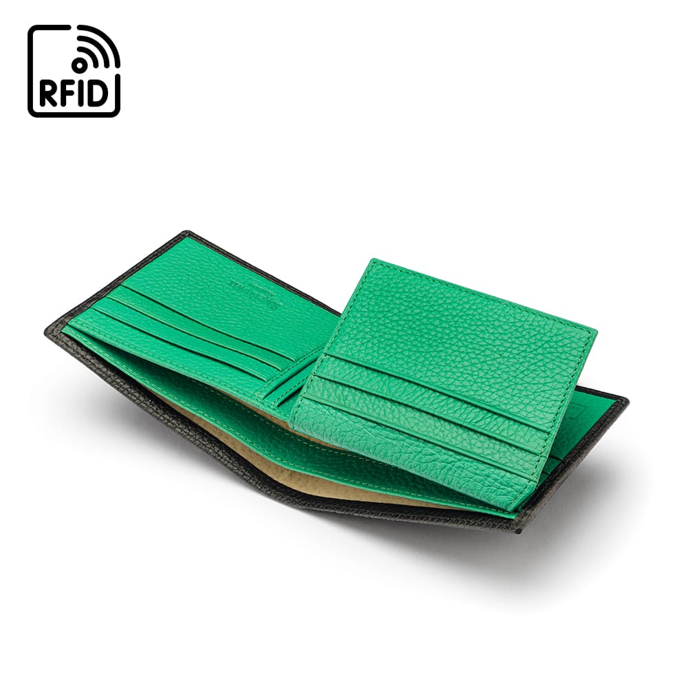 RFID leather wallet with 9 cc, black with emerald, inside