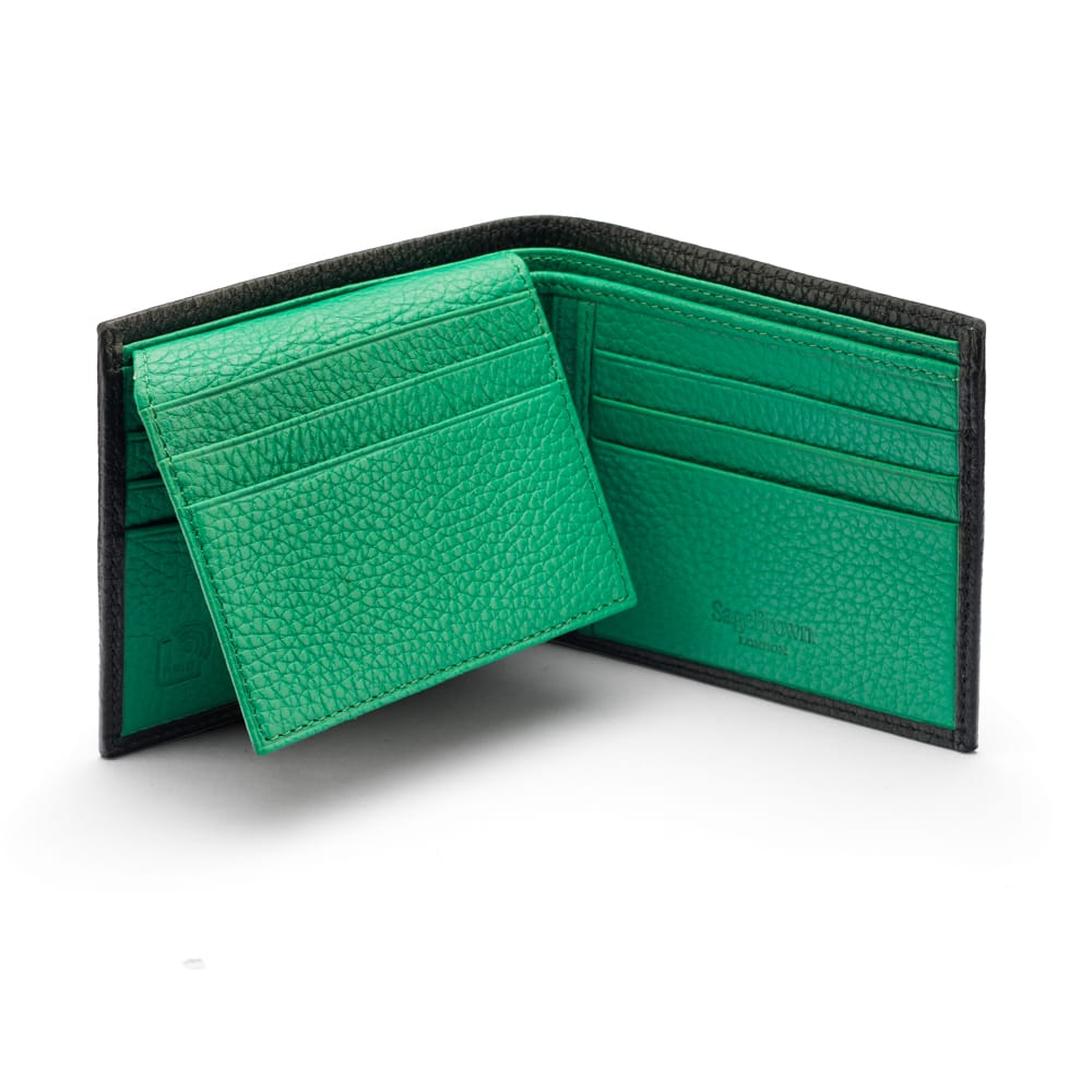 RFID leather wallet with 9 cc, black with emerald, open view