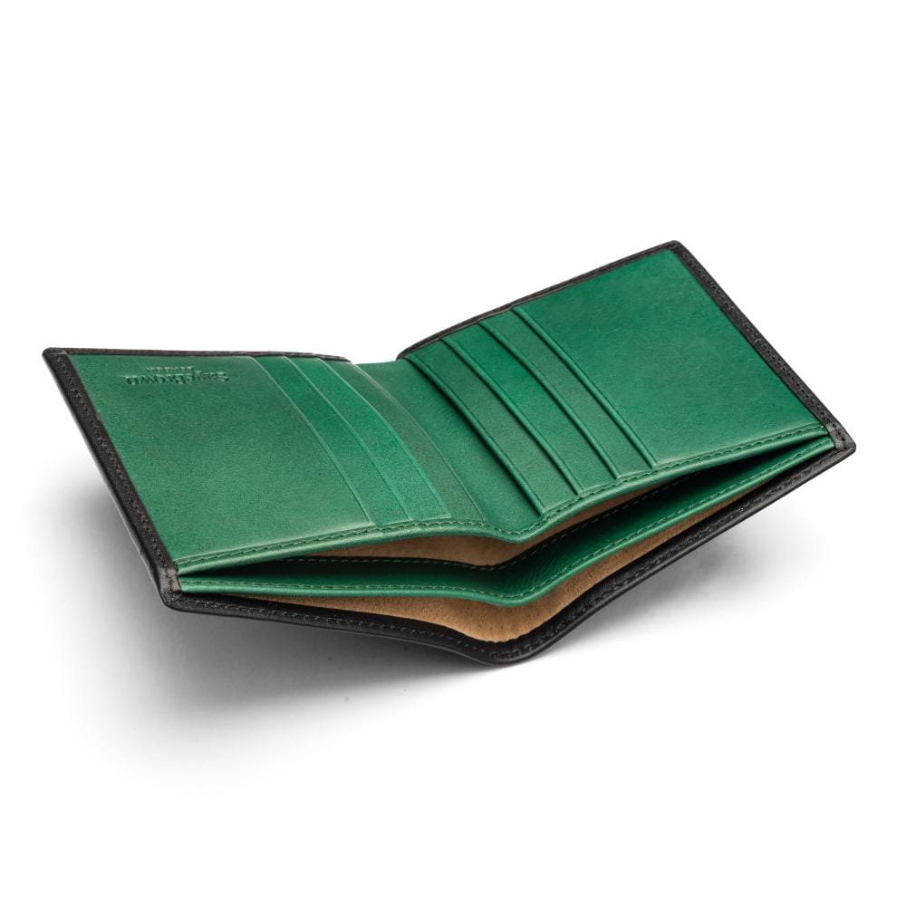 Bifold leather wallet with 6 credit cards, black with green, inside