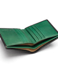 Bifold leather wallet with 6 credit cards, black with green, inside