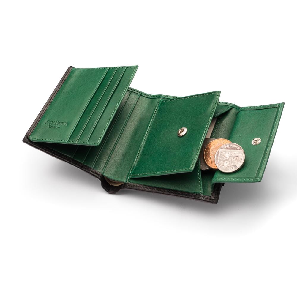 Leather wallet with coin purse, black with green, open