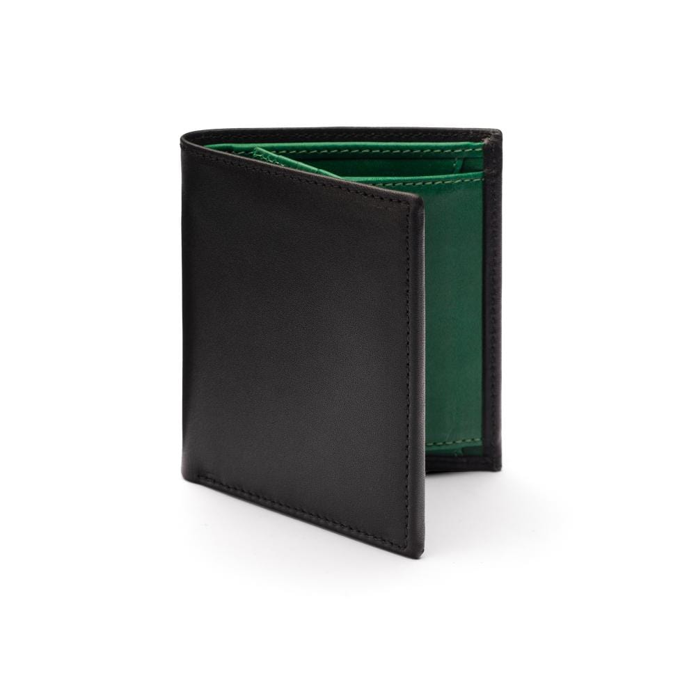 Leather wallet with coin purse, black with green, front