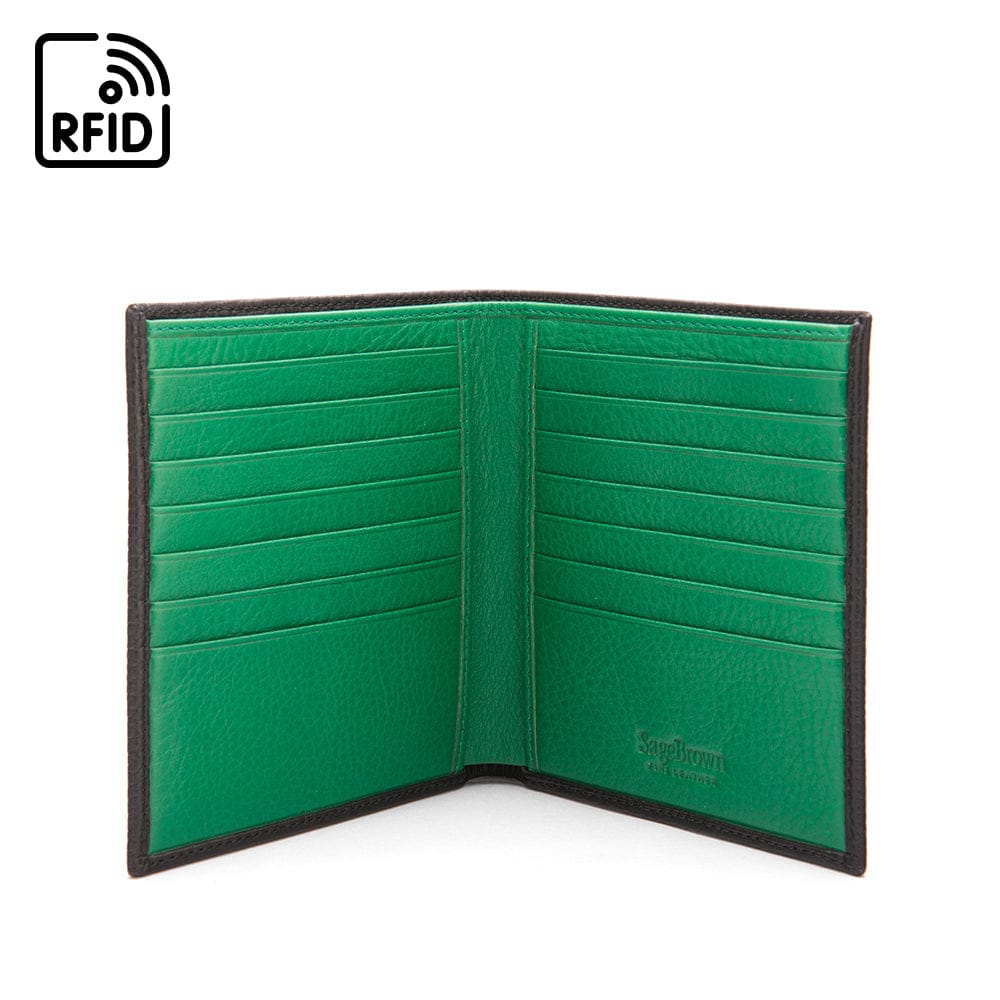 3/4 height leather RFID wallet 14 CC, black with green, open