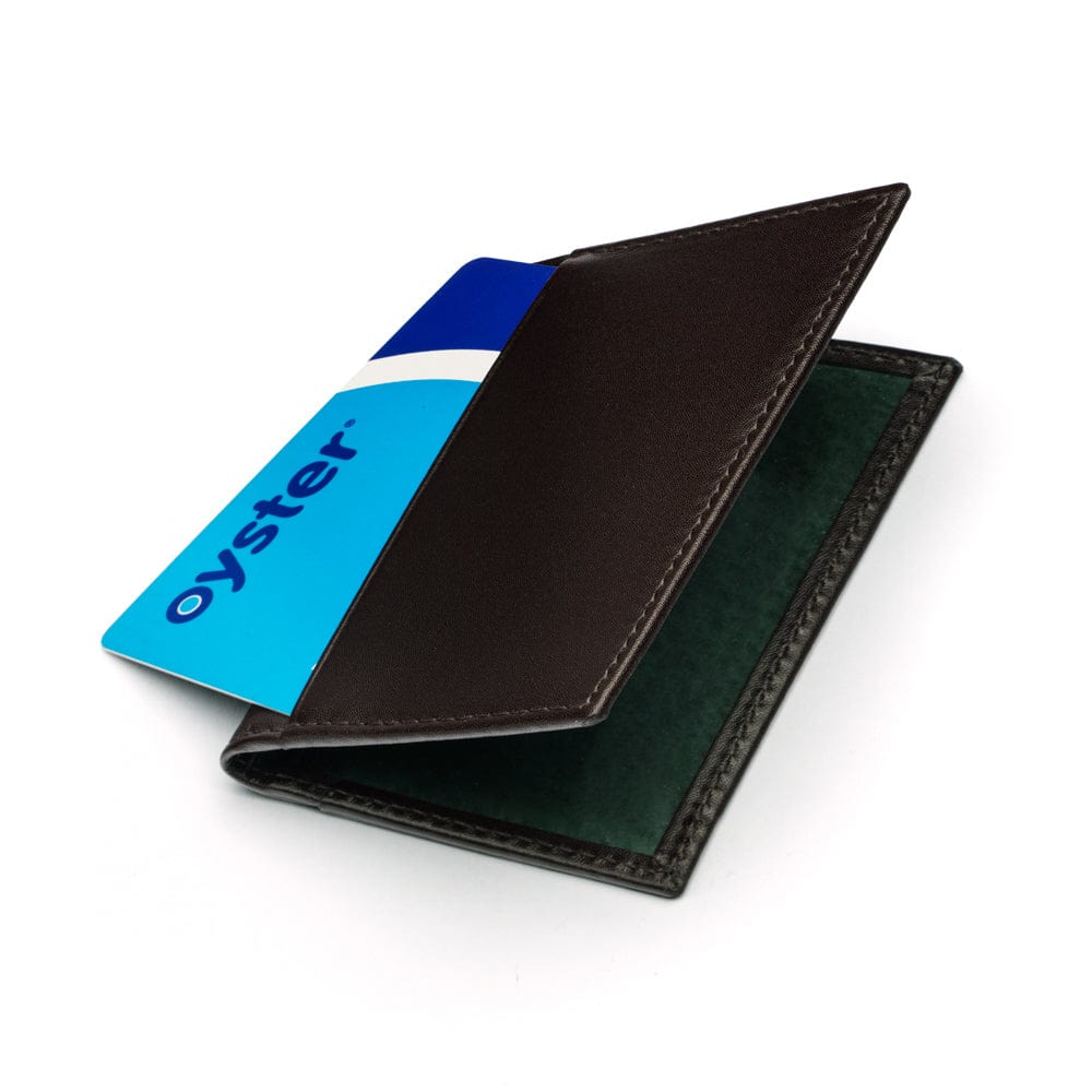 Leather travel card wallet, black with green, front