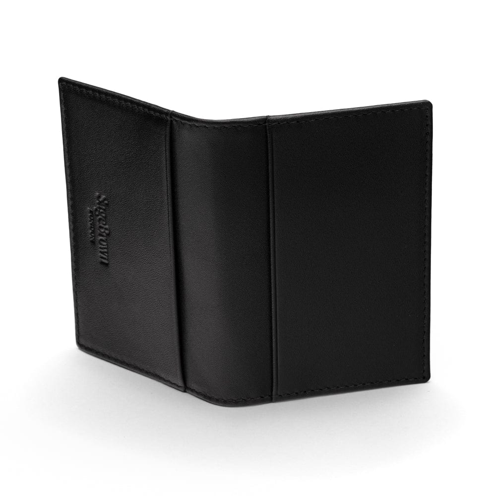 Leather travel card wallet, black with green, back