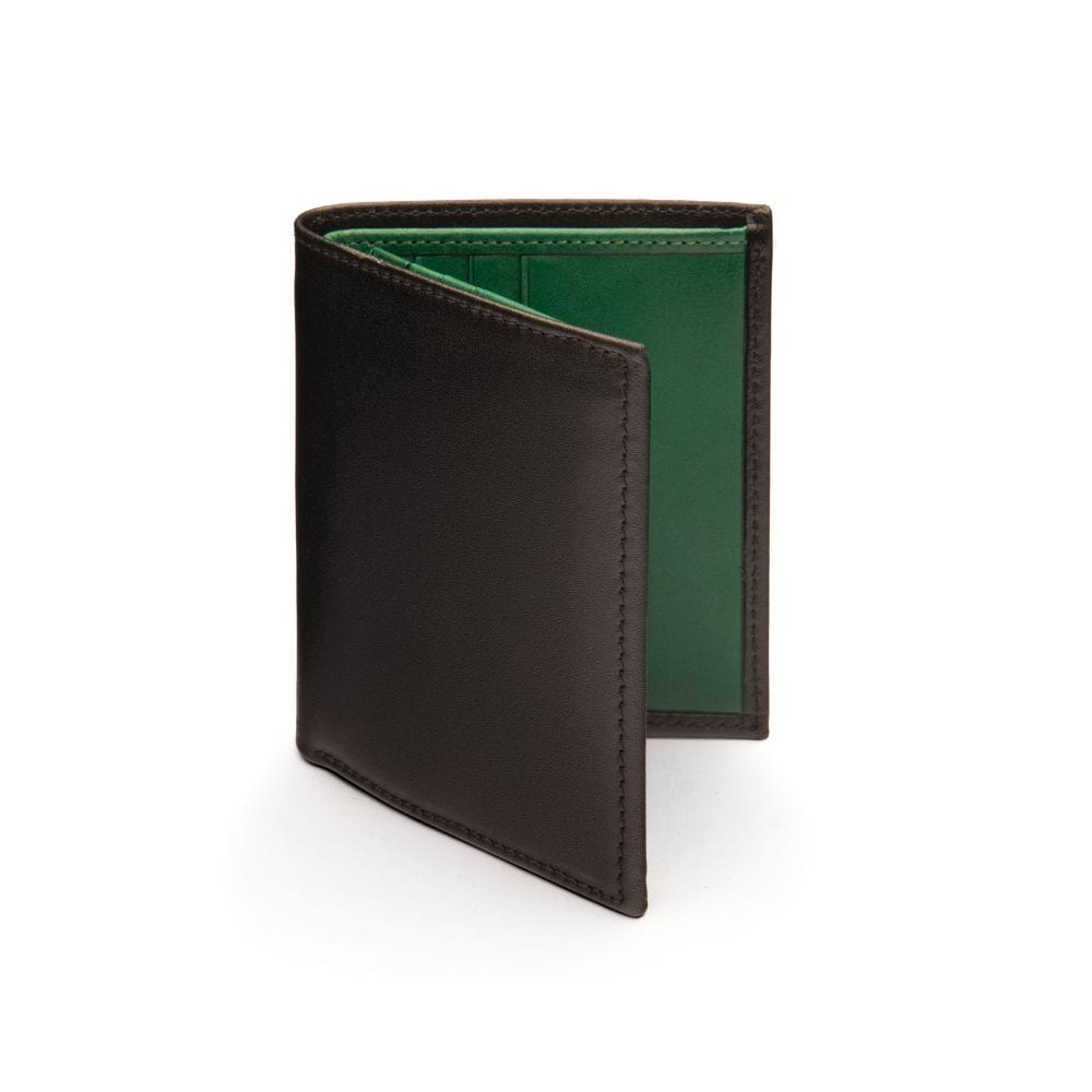 Leather wallet with 9 CC and ID, black with green, front