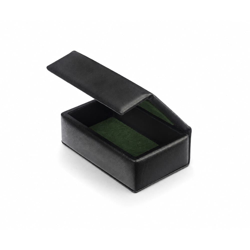Miniature Leather Accessory Box, Black With Green, open