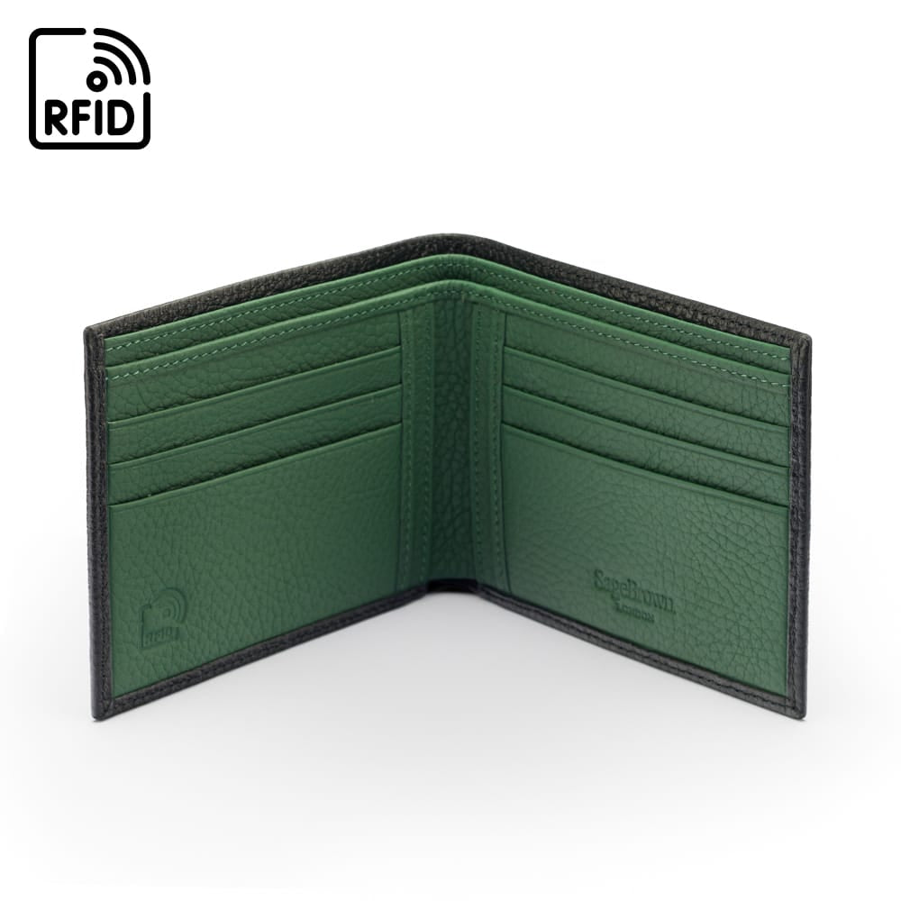 RFID wallet, black with green, open