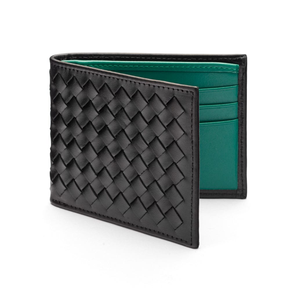 Woven leather wallet with 6 credit card slots, black with green, front