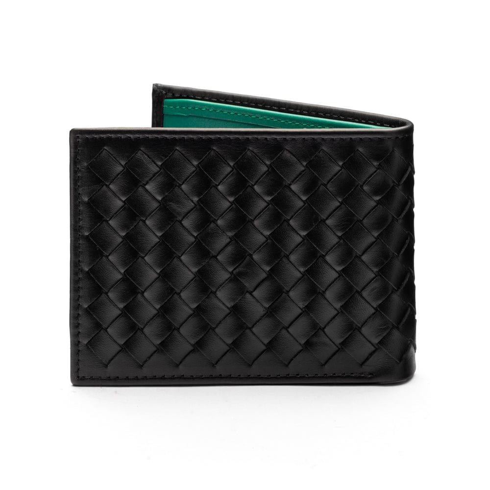 Woven leather wallet with 6 credit card slots, black with green, back