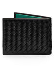 Woven leather wallet with 6 credit card slots, black with green, back