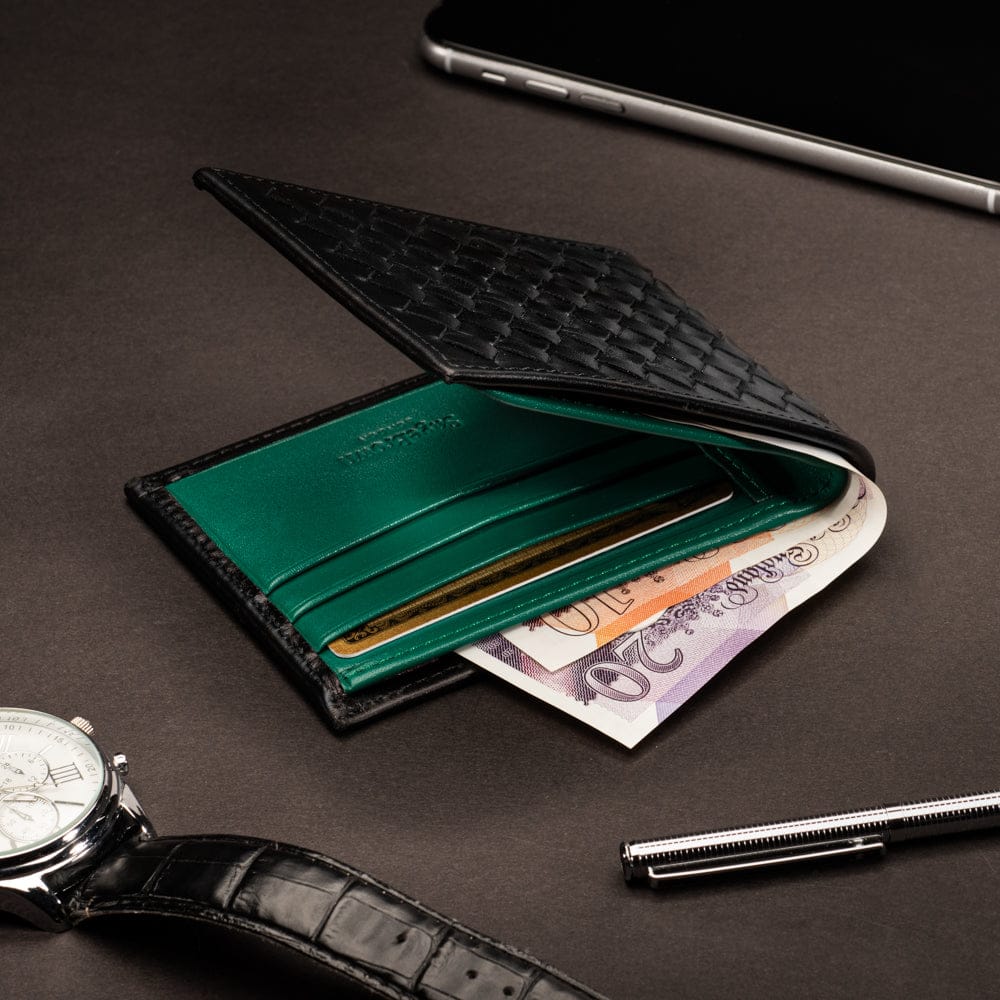 Woven leather wallet with 6 credit card slots, black with green, lifestyle