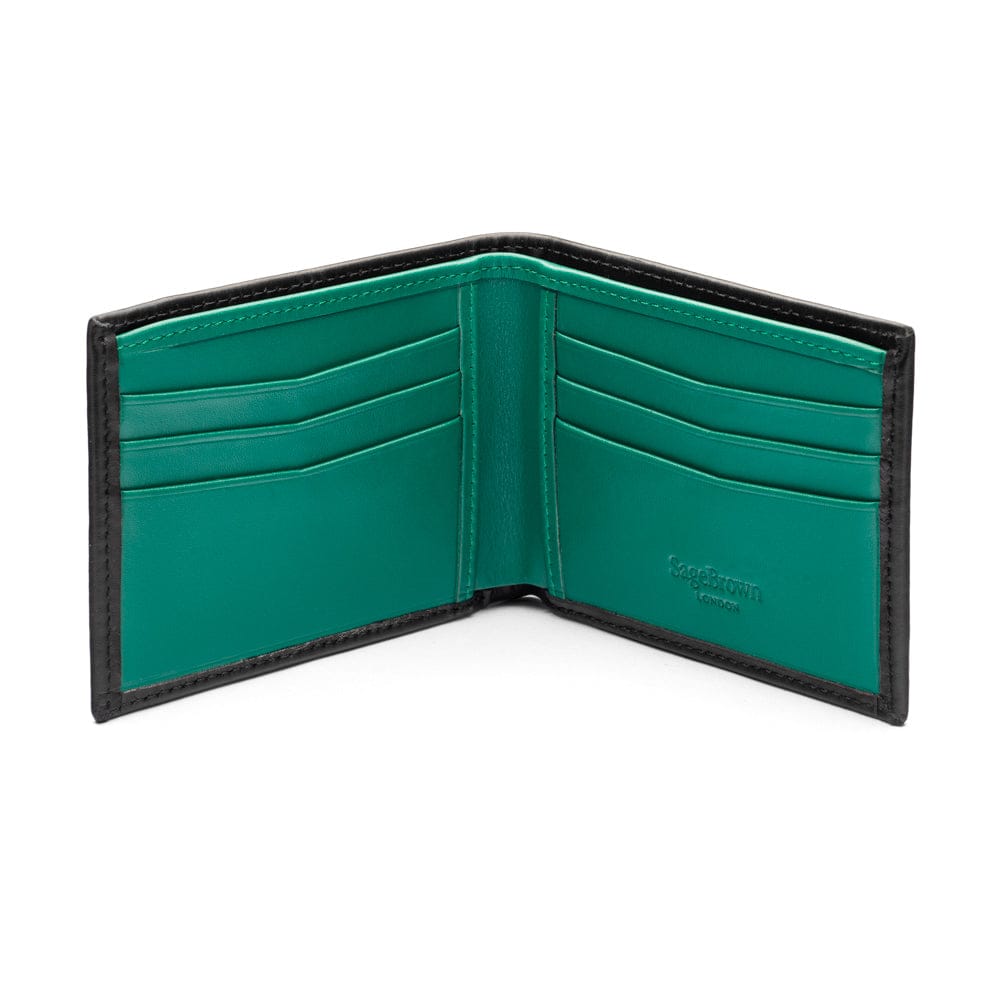 Woven leather wallet with 6 credit card slots, black with green, open