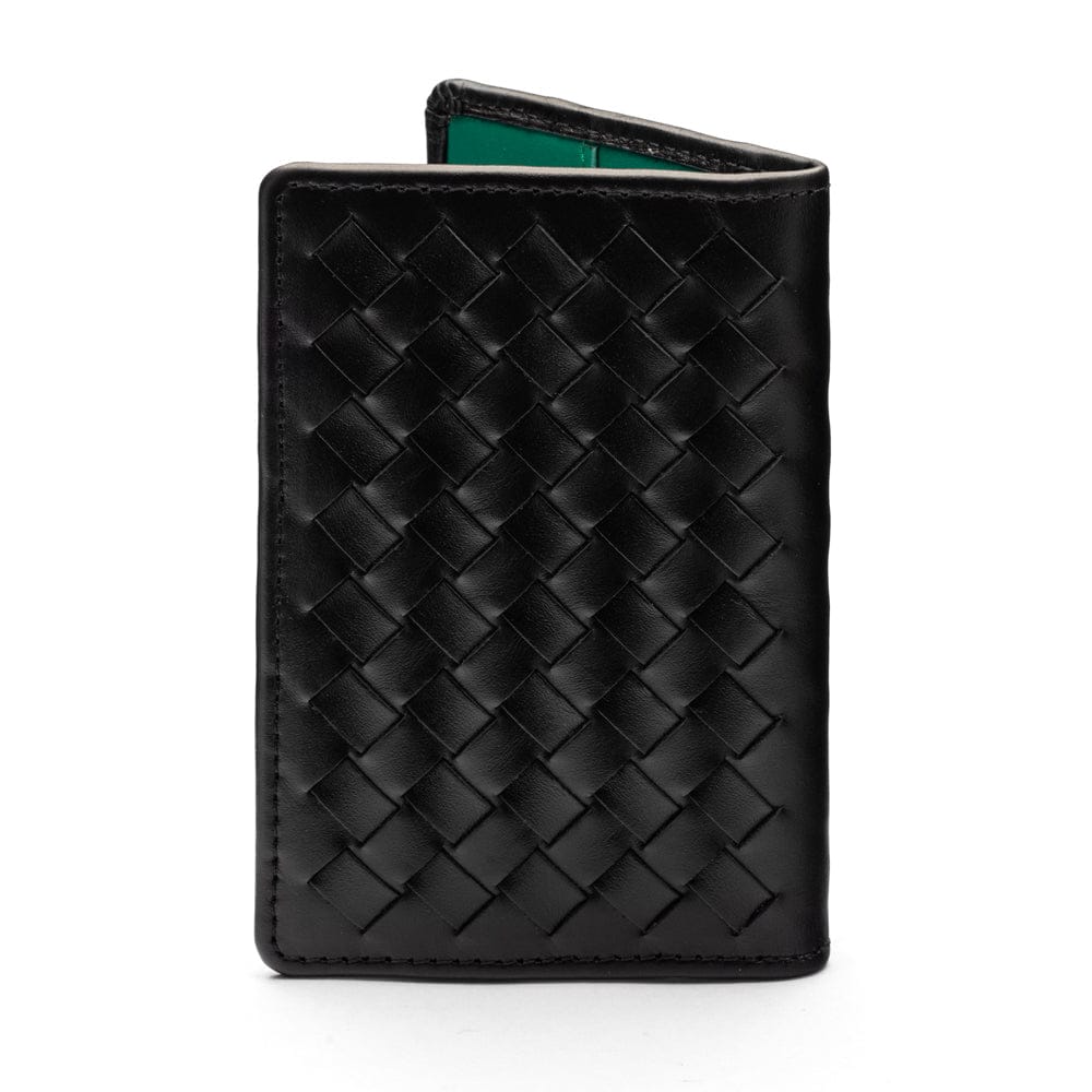 Woven leather credit card holder, black with green, back