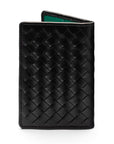 Woven leather credit card holder, black with green, back