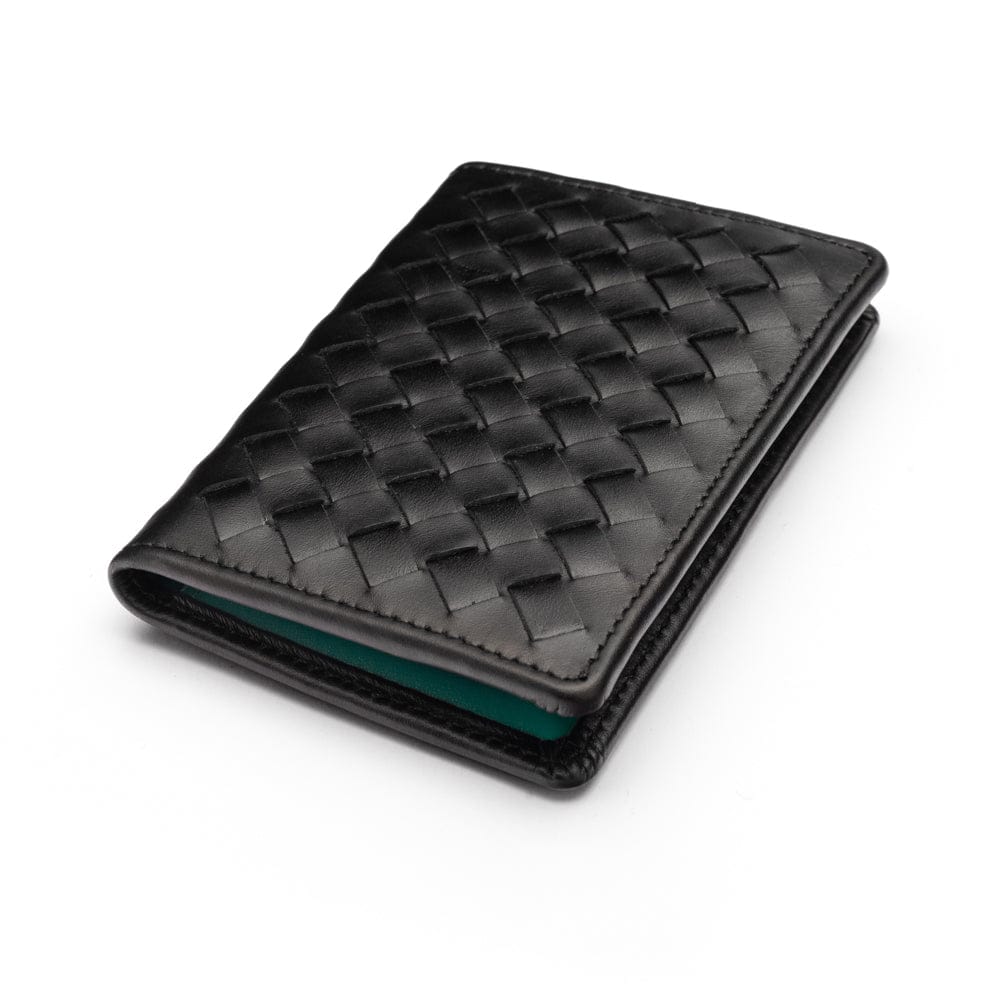 Woven leather credit card holder, black with green, front